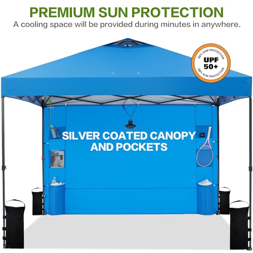 10'x10' Pop Up Canopy Tent with 1 Sidewall and 6 Pockets, One Push Setup, Instant Shade Tent with Vented Roof for Beach Patio Outdoor, Case, 8 Stakes