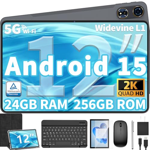 12 Inch Tablet Android 15 Tablets, 2025 Upgraded Android Tablet with Keyboard, 24GB RAM+256GB ROM(1TB Expand), Octa-Core, 2K 2000x1200 Display
