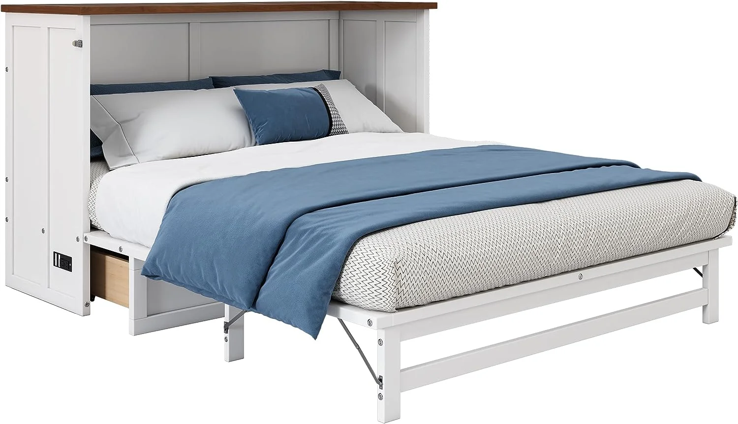 Tabaray Wood Murphy Bed Chest, Queen Size Foldable Platform Bed Frame with Charging Station and Large Storage Drawer