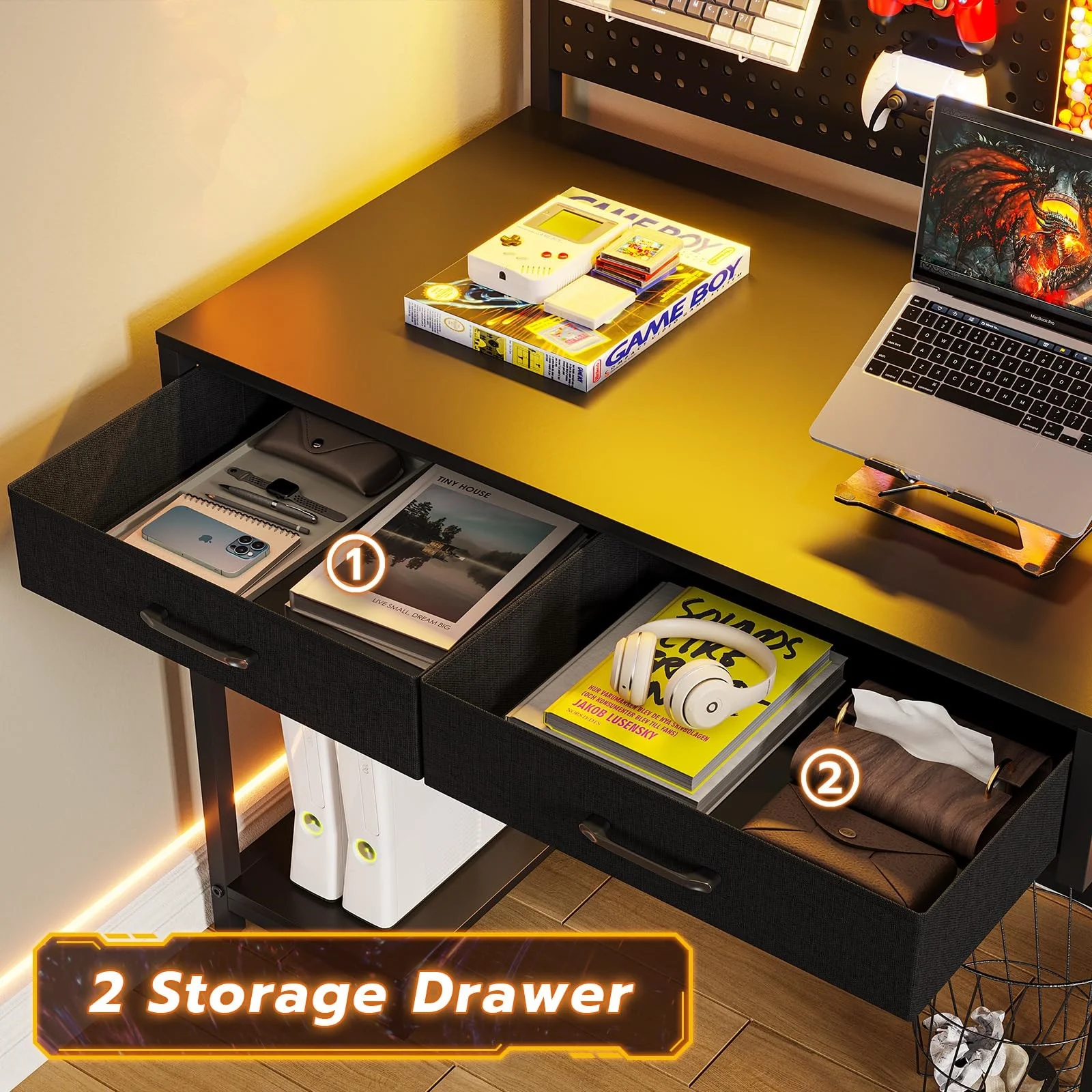 L Shaped Gaming Desk with LED Lights and Hutch,89.7" Home Office Computer Desk with 2 Drawers&Monitor Stand&Pegboard&Storage Shelves,Black