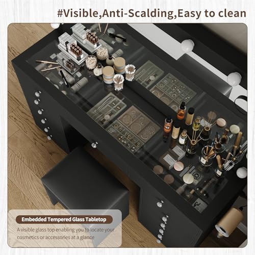 55" W Vanity Desk, Makeup Vanity with Charging Station, 15 Drawers with Lighted Mirror, 3 Lighting Modes, Brightness Adjustable, Glass Top