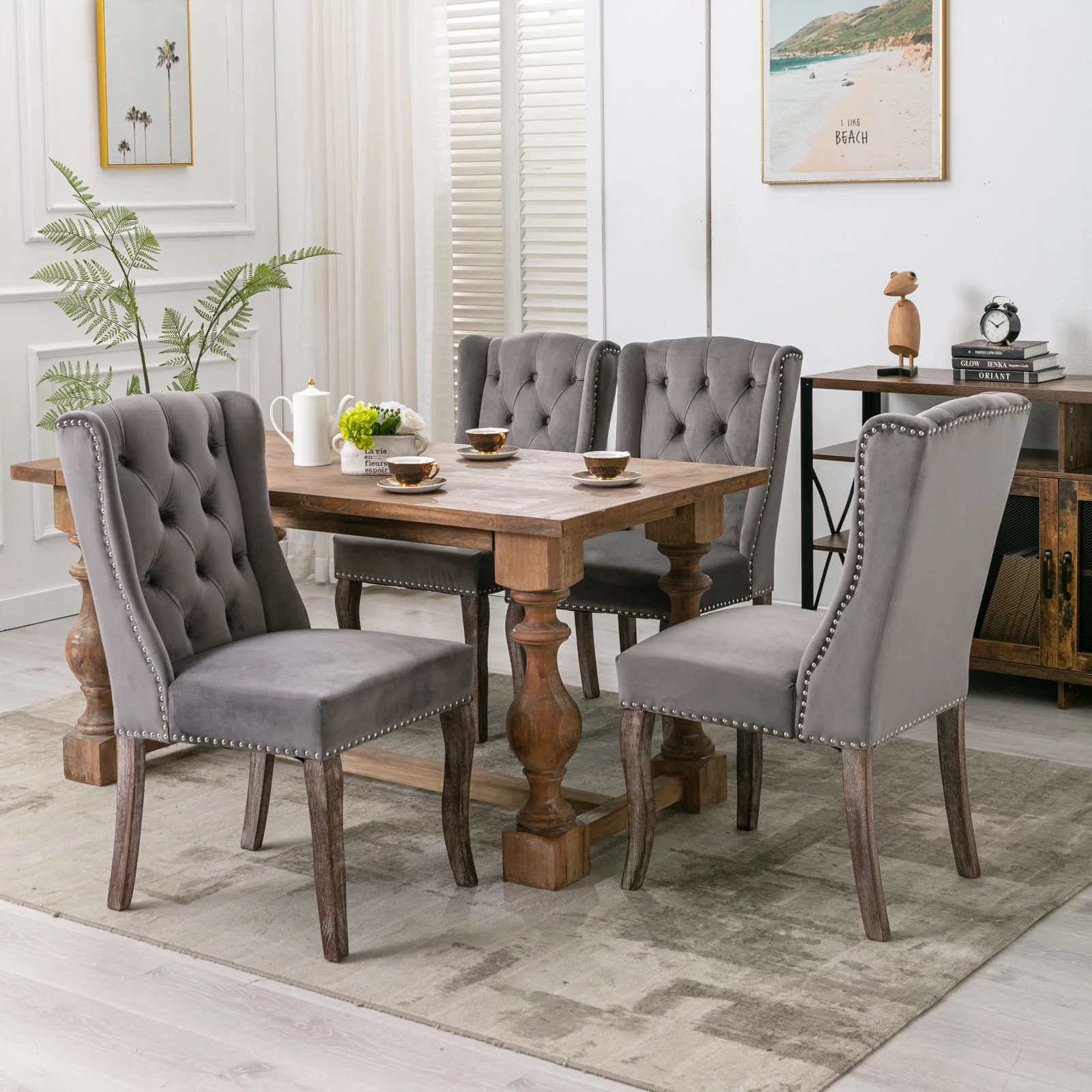 Country Cottage Farm Beach Dining Kitchen Vintage Style Side Chair, Velvet Fabric Wood