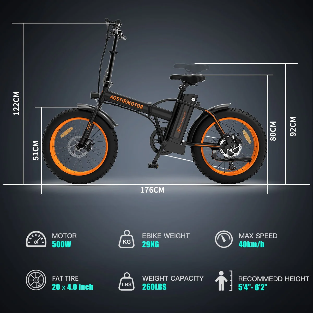 Aostirmotor Folding Electric Bike 20 inch Fat Tire , with 500W Motor, 36V 13AH Removable Lithium Battery,Ebikes for Adults（Black）
