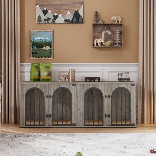 71" Dog Crate Furniture for 2 Dogs, Heavy Duty Indoor Dog Kennel TV Stand, XXL Wooden Dog Cage with Divider for Medium Large Dogs