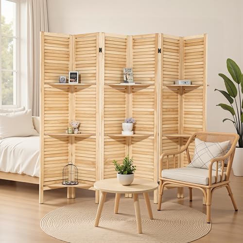 Osparple Room Divider with Shelves 6 Panel Wooden Folding Room Dividers Privacy Screen Wall Divider for Room Separation for Office and Apartment