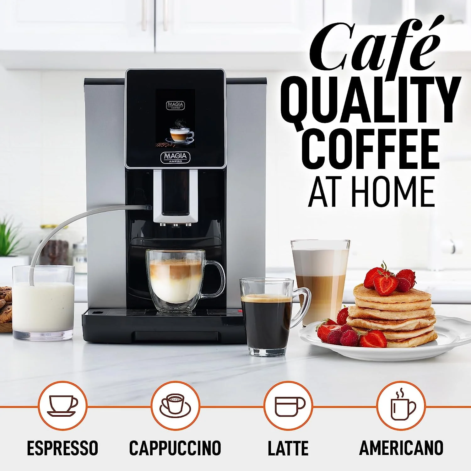 AMPRO Automatic Espresso Machine with Grinder, Super Automatic Coffee Machine and Milk Frother - Black Silver