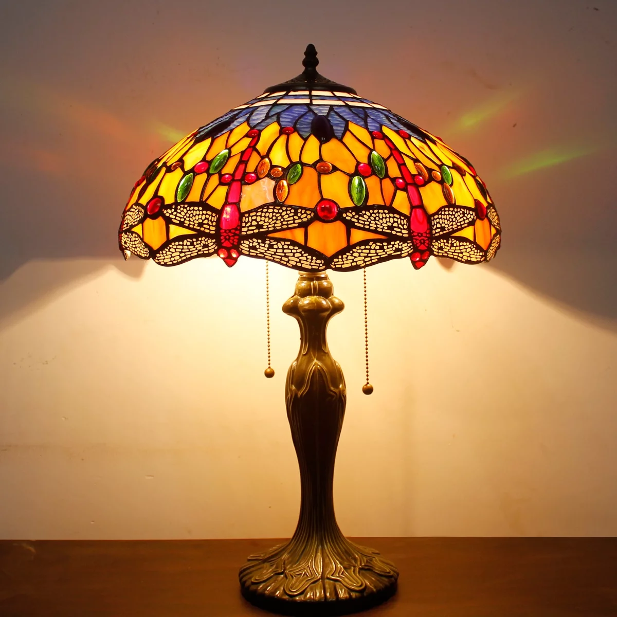 Tiffany Style Table Lamp W16H24 Inch Orange Blue Stained Glass Crystal Bead Dragonfly Shade S168 LAMPS Kids Living Room Bedroom Coffee Bar Desk