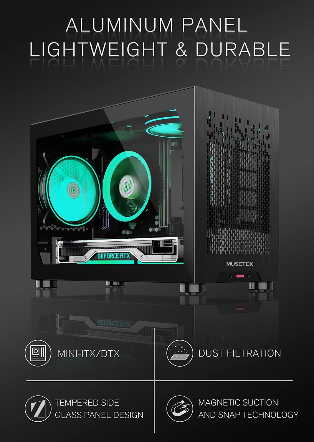 MUSETEX Mini-ITX PC Case, Tempered Glass Computer Gaming Case Small Compact, Aluminum Metal Brushed Texture Vented Panel, Black, T2