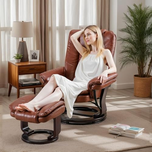 JC Home Argus Swivel Recliner with Ottoman, PU Leather & Wood Base Reclining Chair with Footrest, Ultra-Plush Double Foam for Living Room
