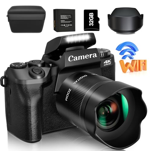 Saneen Digital Camera, 4k Cameras for Photography & Video, 64MP WiFi Touch Screen Vlogging Camera for YouTube with Flash, 32GB Card, Lens Hood
