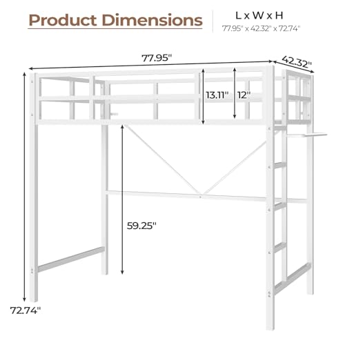 DICTAC Loft Bed Twin Size with Ladder and Guardrail,Metal Twin Loft Bed with Led Lights,Small Space Saving Furniture Design for Bedroom