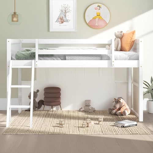 Full Size Loft Bed with L-Shaped Desk, Wardrobe and Storage Shelves, Solid Wood Bedframe w/Safety Guardrails & Ladder for Kids Teens Adults