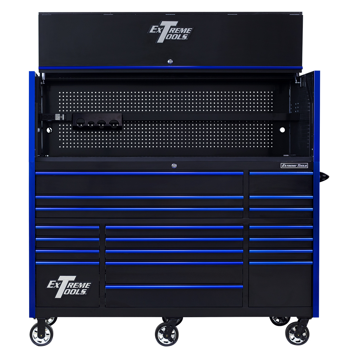used toolboxExtreme Tools 72in. x 30in. 19 Drawers Triple Bank Roller Cabinet and Power Workstation Hutch Combo