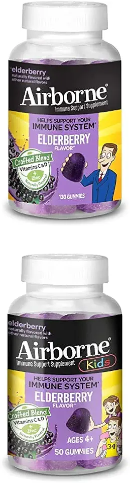 Airborne Elderberry + Vitamin C and Zinc Gummies (130 Count in a Bottle) with Elderberry + Vitamins & Zinc Kids Gummies