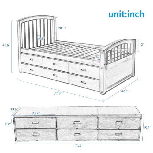 SOFTSEA Twin Platform Bed with Storage 6 Drawers, Twin Captain Bed for Kids Teens Adults, Twin Platform Bed with Headboard and Footboard for Bedroom