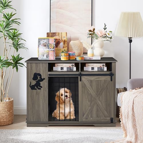 Aoowow Large Double Dog Crate Furniture 72.4" Indoor Dog Kennel with Sliding Barn Door and Divider