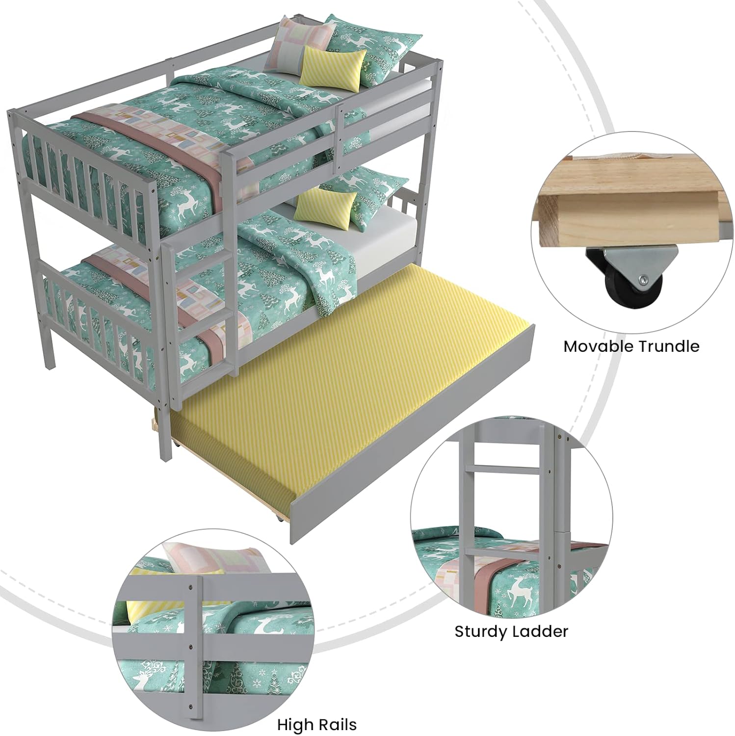 AWQM Bunk Beds,Twin Over Twin with Trundle,Can Be Converted into 2 Beds Solid Wood Trundle Bed Frame with Safety Rail and Ladder