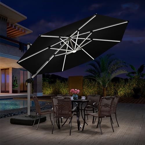 PURPLE LEAF 10ft Patio Umbrella With Base Solar powered LED Cantilever Umbrella with LED lights Windproof Outdoor Offset Umbrella for Garden Deck