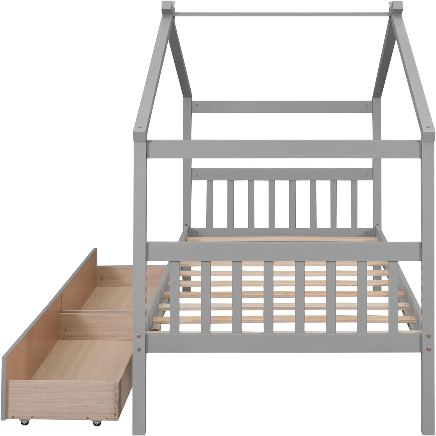 Size House Bed With Drawers, Wooden Platform Bed Frame With Headboard And Footboard, Roof Design, For Guest Room/Living Room, Gray