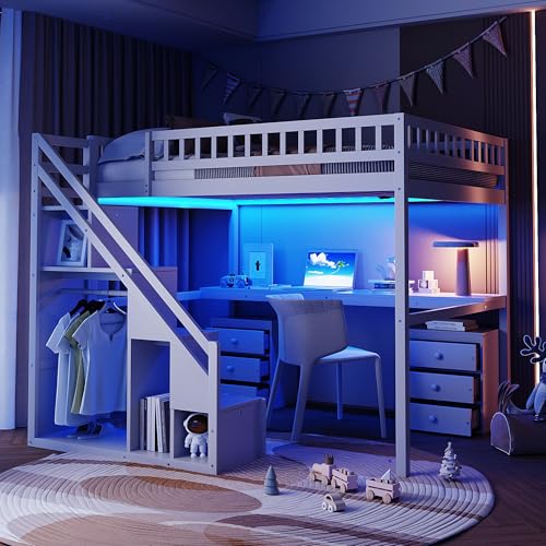 Modern Full Size Gaming Loft Bed with Built-in Desk and Storage Wardrobe, Wood Loft Bed Frame with Light Strip and 2 Drawers