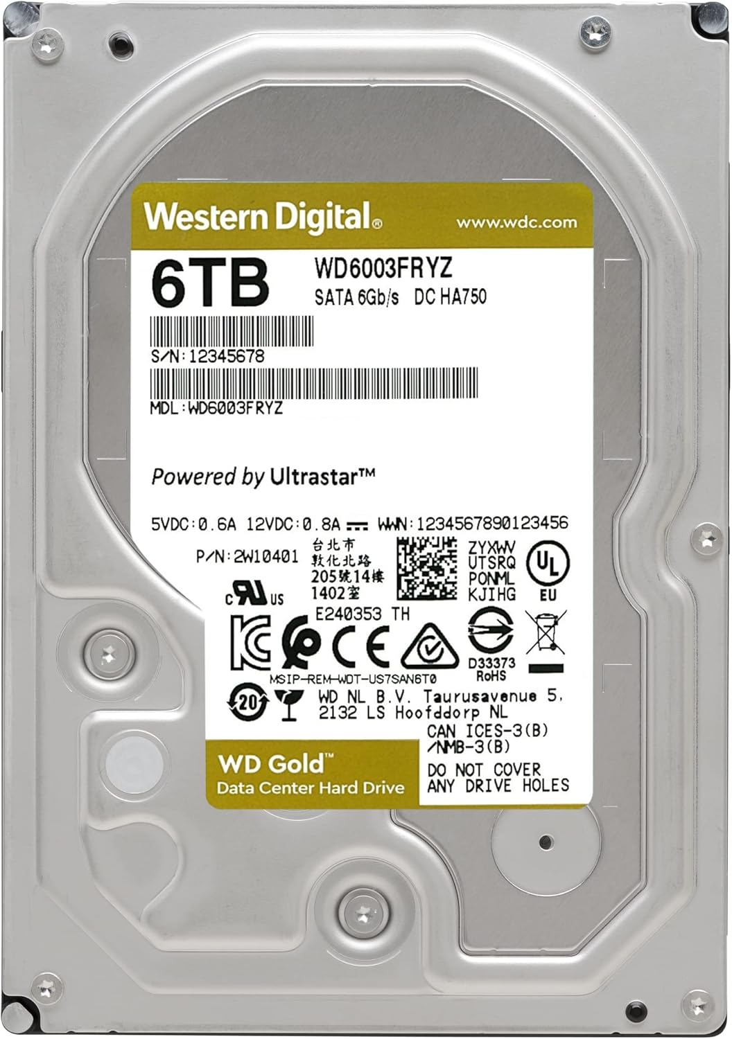 Western Digital 8TB WD Gold Enterprise Class Internal Hard Drive - 7200 RPM Class, SATA 6 Gb/s, 256 MB Cache, 3.5 - WD8004FRYZ