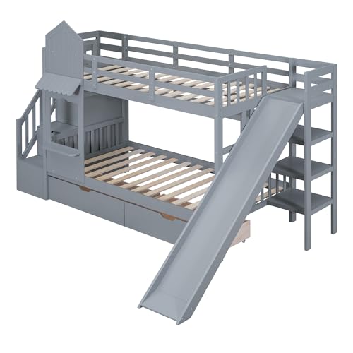 Merax Full Over Full Bunk Bed with 2 Drawers and 3 Shelves