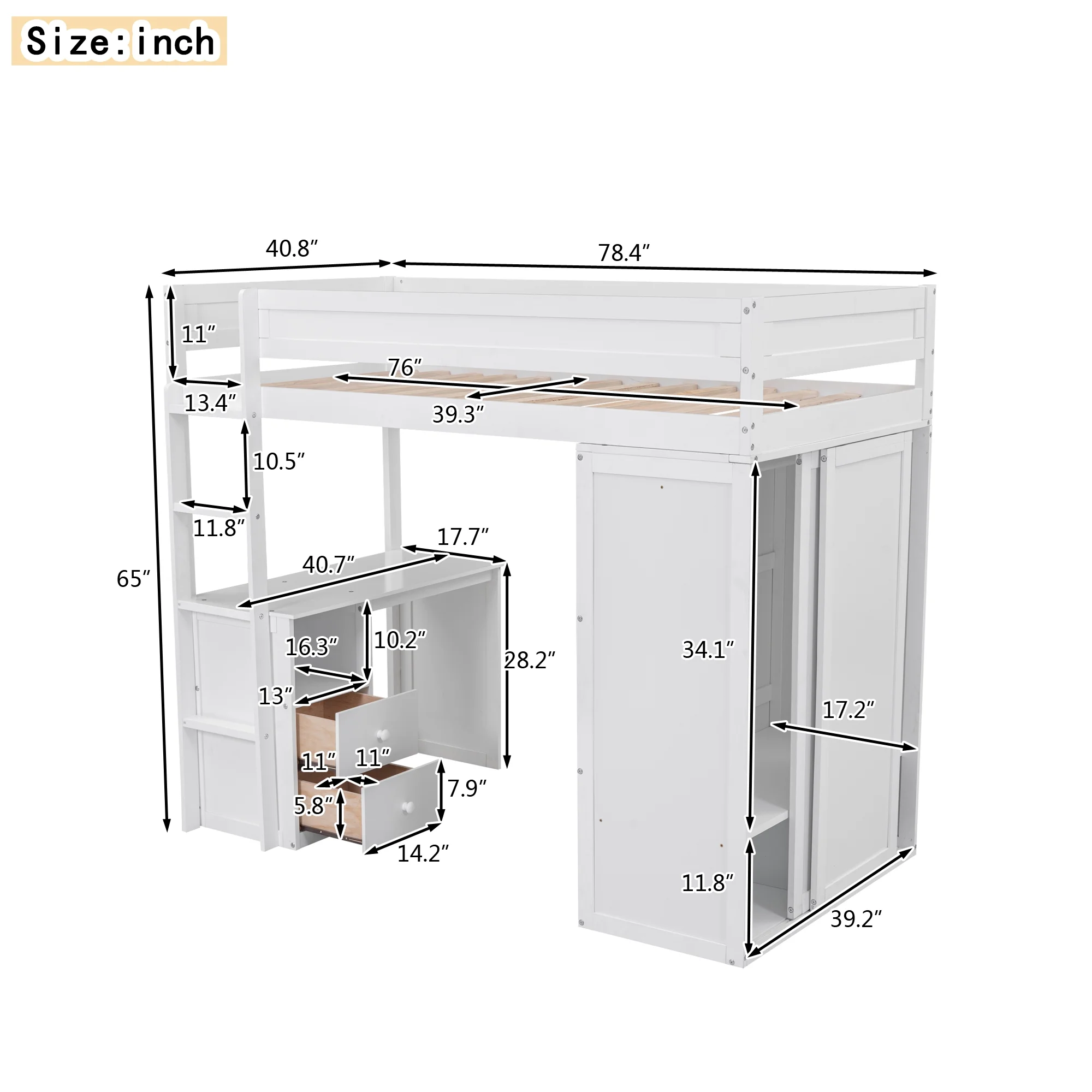 Twin Wood Loft Bed with Wardrobes and 2-Drawer Desk with Cabinet, Loft Twin Bed with Desk for Teenagers, Multiple Functions Bed