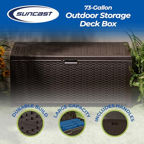 Suncast Outdoor Storage Box - 73 Gallon Mocha Brown Deck Box for Patio, Waterproof Outdoor Storage Bench, Resin Wicker Style, Heavy-Duty
