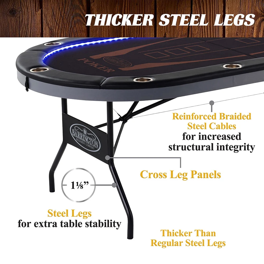 Barrington 10-Player Poker Table with In-laid LED Lights, Brown and Black