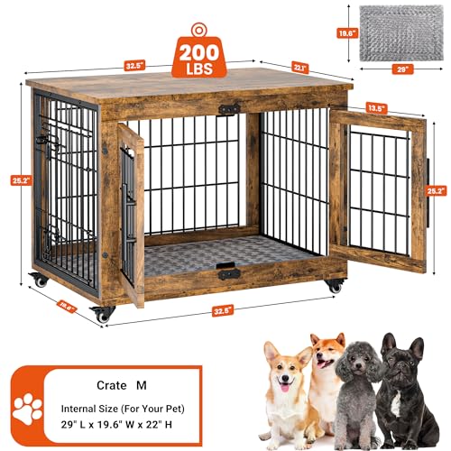 Lulive Dog Crate Furniture for Medium Dogs, 32'' Dog Kennel Indoor with Cushion & Wheels Wooden Dog Cage Double Doors Dog Crate End Table, Grey
