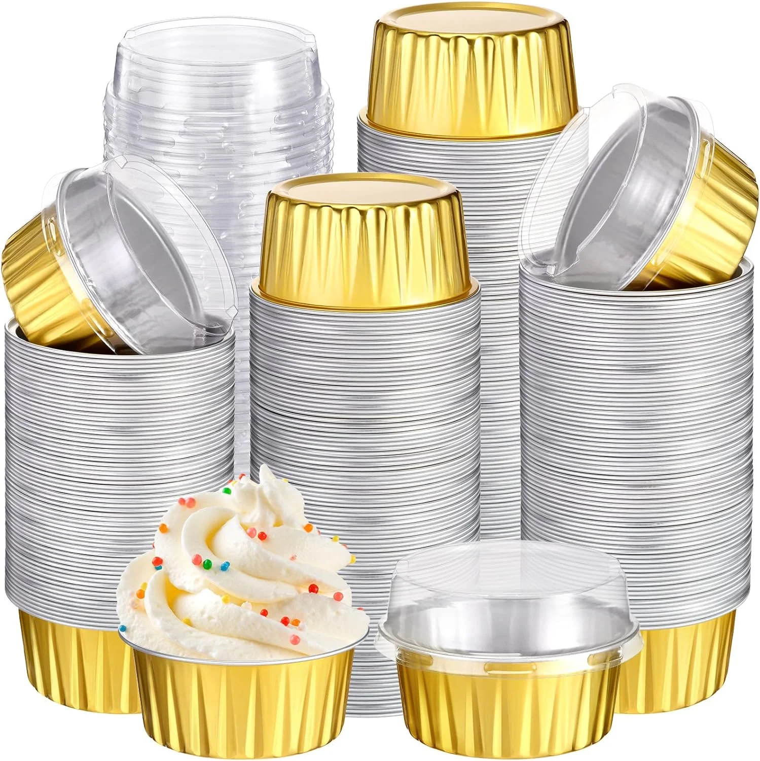 400 Pcs Aluminum Foil Baking Cups with Lids 5 oz Disposable Ramekins Mini Cake Pans Creme Brulee Cupcake Liners Muffin Tins Flan Mold Dessert