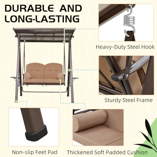 YOLENY Oversized Outdoor Porch Swing with Hardtop, 3 Seat Patio Swing with 2 Side Cup Holder, 3-in-1 Convertible Backrest Swing Bed with Cushion