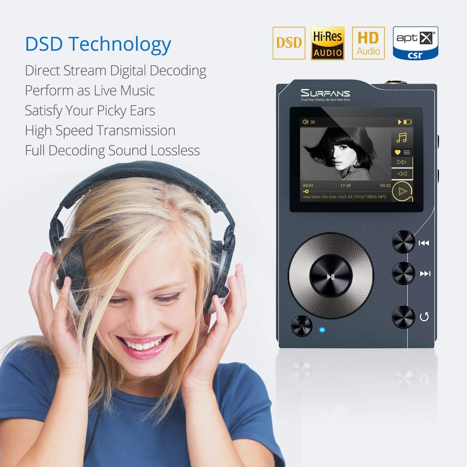 Surfans F20 HiFi MP3 Player with Bluetooth, Lossless DSD High Resolution Digital Audio Music Player