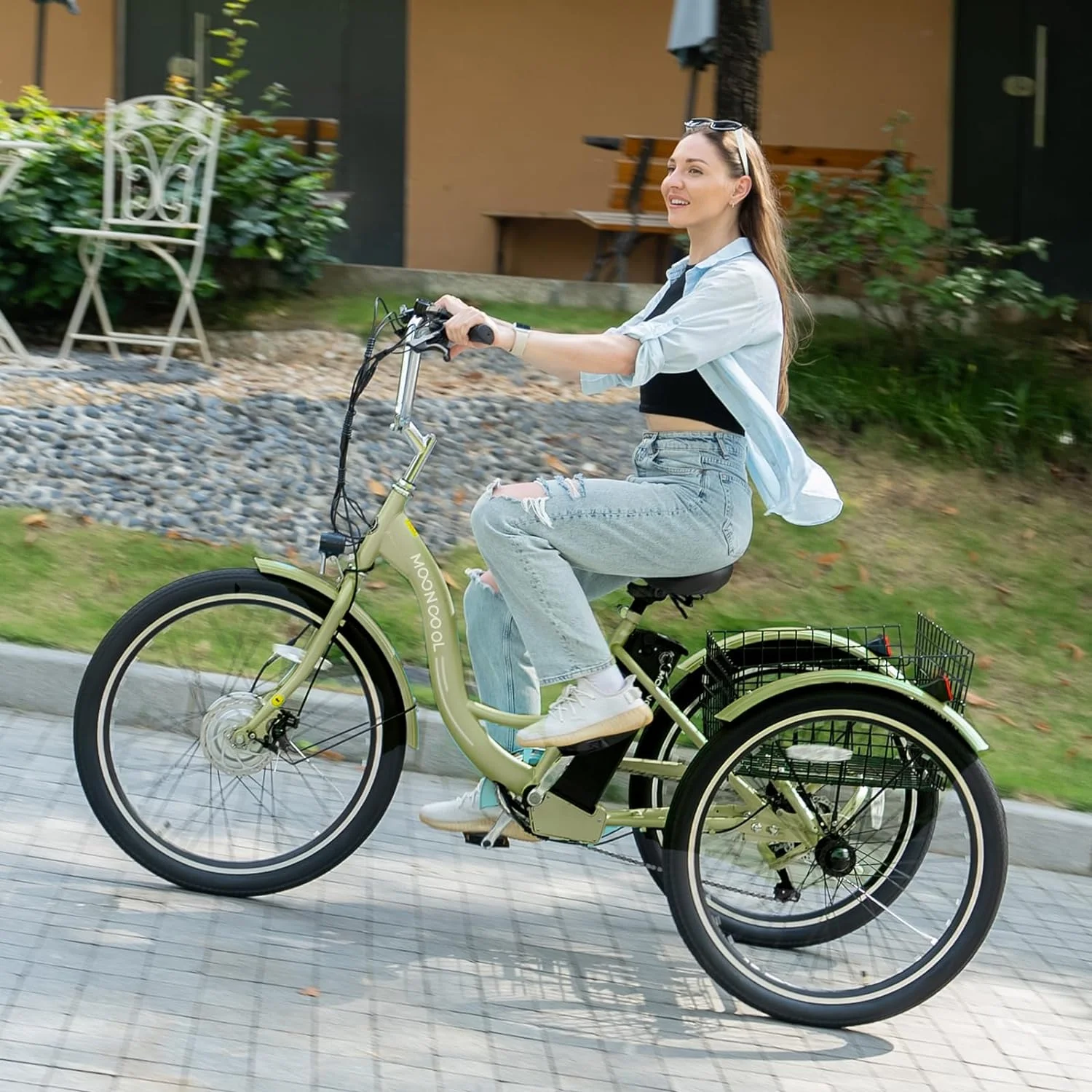 MOONCOOL 350W Motorized Electric Trike, 7 Speed 3 Wheel Electric Bicycle with 36V 14.5Ah Lithium Battery UL Certified