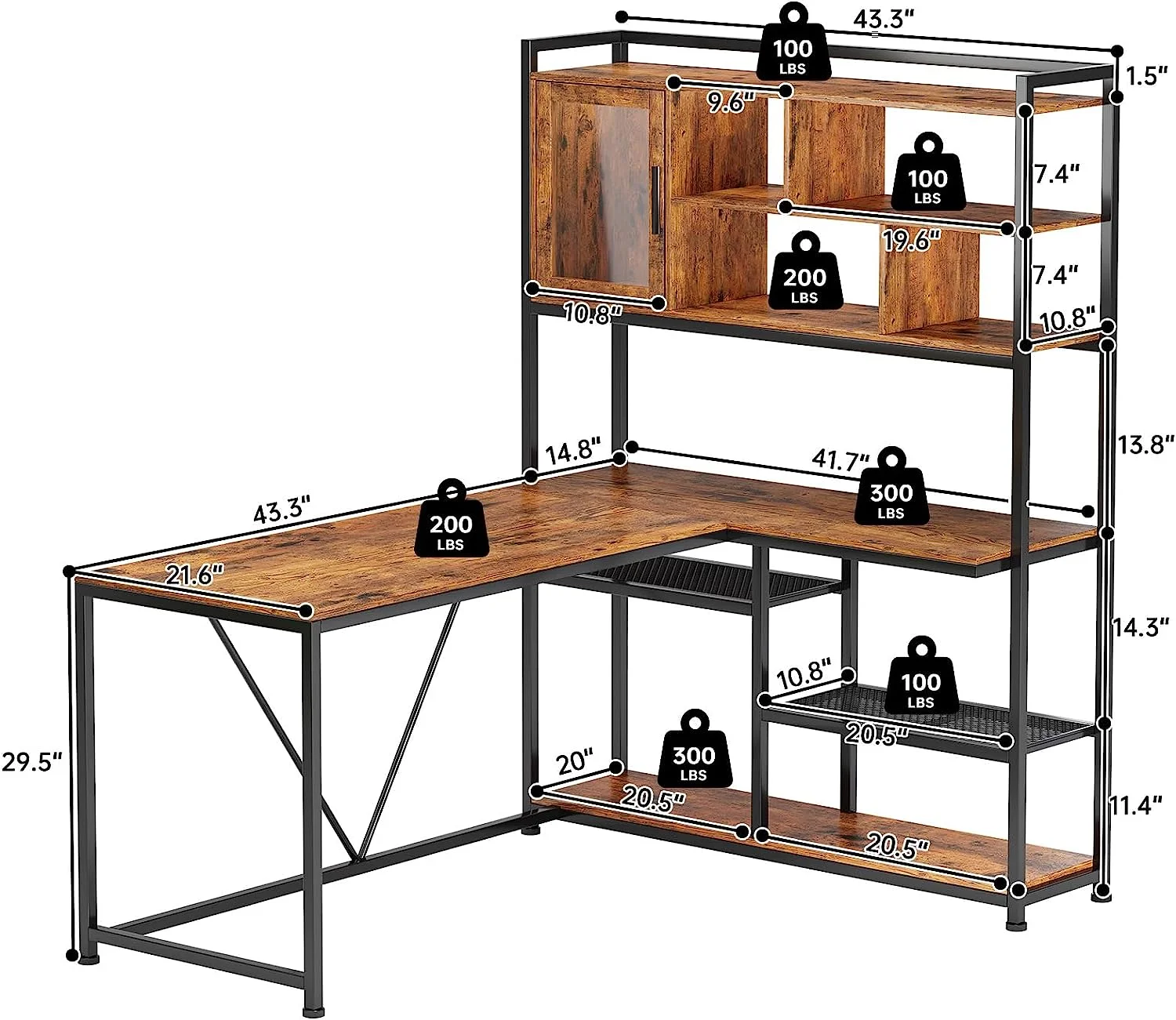 L Shaped Gaming Desk with LED Lights and Bookshelf, 58" Brown Home Office Desk Reversible Corner Computer Desk Table with Storage Shelves