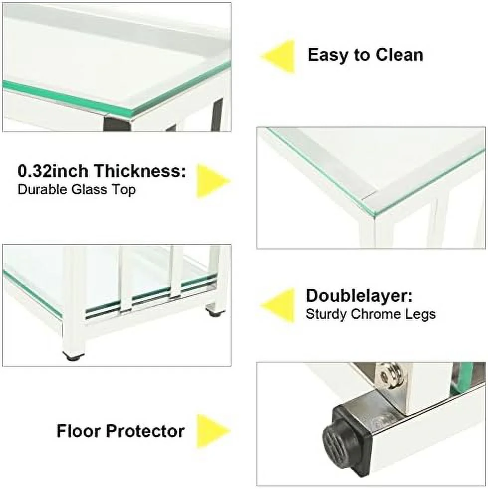 TJUNBOLIFE Glass Console Table with Shelves - Modern Glass Entryway Table with Chrome Leg