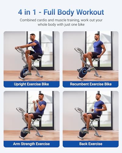 MERACH Folding Exercise Bike, Foldable Stationary Bikes for Home, 4 in 1 Upright Indoor Cycling Bike with 16-Level Magnetic Resistance