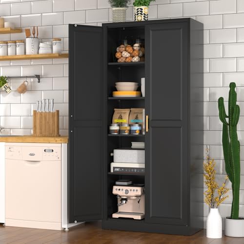 Pantry Cabinet, 71 Inch Tall Kitchen Storage Cabinet, Metal Pantry Cabinet with Doors and Adjustable Shelves, Black Food Cupboard