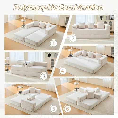 Convertible Sleeper Sofa Bed with Cylindrical Pillow, Corduroy Folding Mattress Couch with Fixed-Shape Frame
