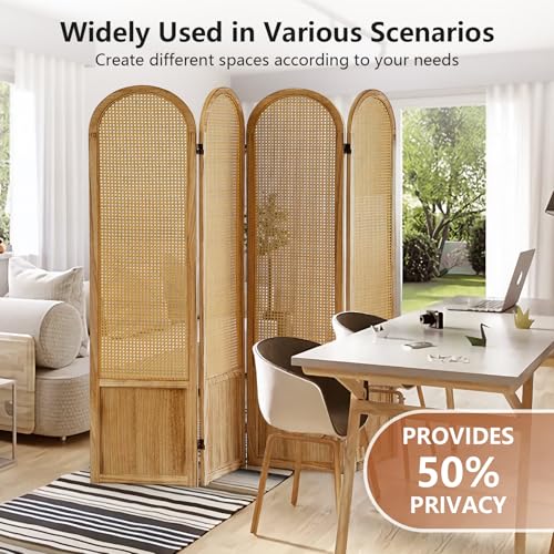 Room Divider 4 Panel, Folding Privacy Screen, Foldable Wood Divider Room Dec, Rattan Room Divider, Portable Partition Screen