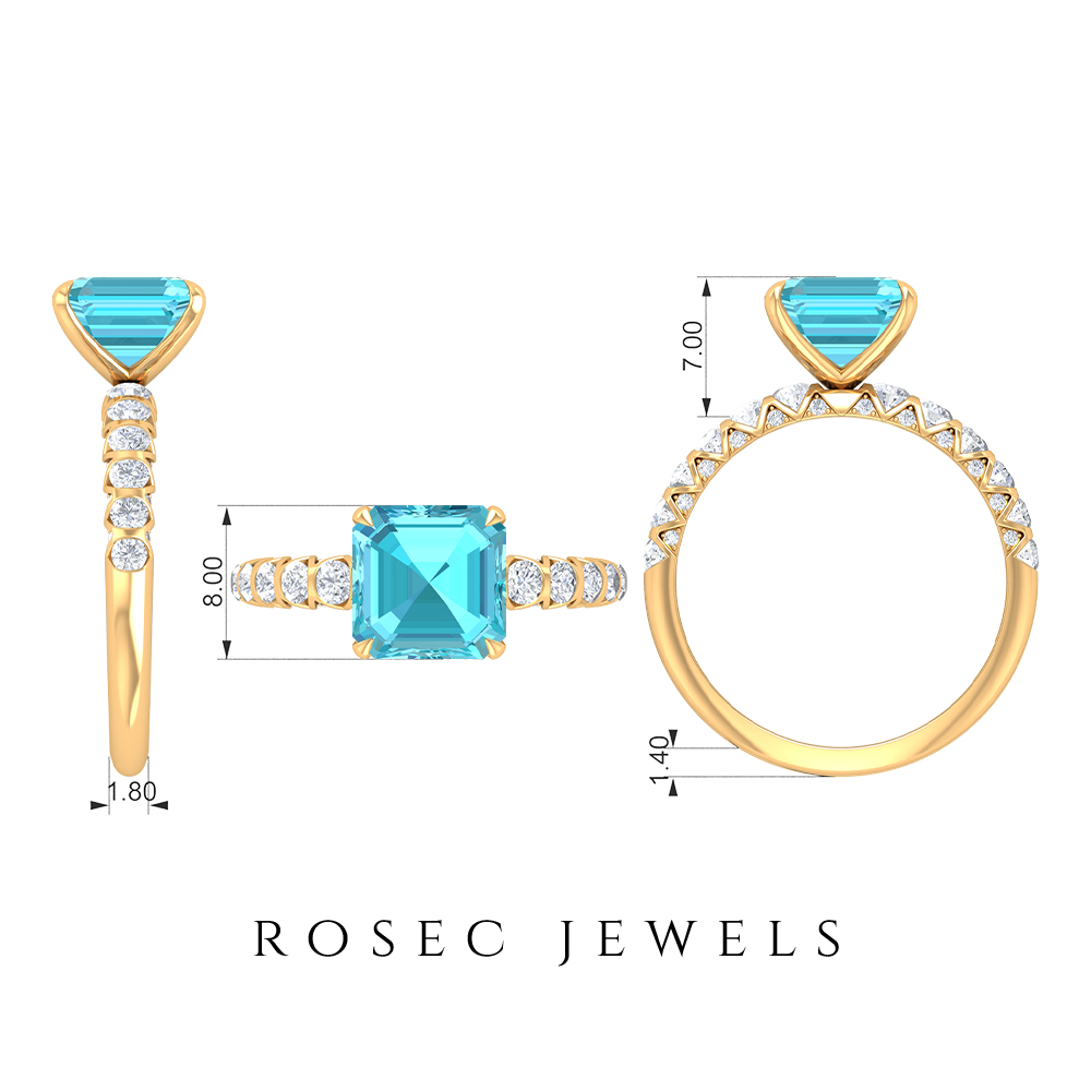 3.75 CT Swiss Blue Topaz Solitaire Ring with Diamond Side Stones (8 MM Asscher Cut Swiss Blue Topaz), 925 Sterling Silver, US 4.00