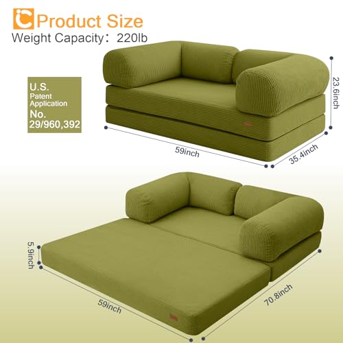 COMAX Folding Sofa Bed, Convertible Chair Bed Corduroy 3-in-1 Foldable Floor Couch with High-Density Foam, Futon Sofa Sleeper Mattress
