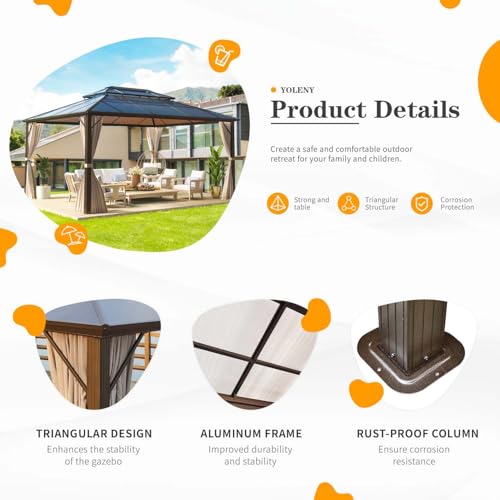 YOLENY 10'x13' Hardtop Gazebo, Outdoor Polycarbonate Double Roof Canopy, Aluminum Frame Permanent Pavilion with Curtains and Netting