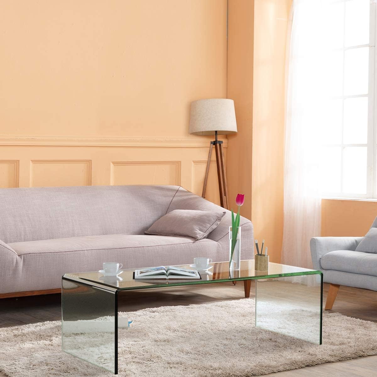 Casart Glass Coffee Table, U-Shape Tempered Glass Tea Table with Smooth Round Edges