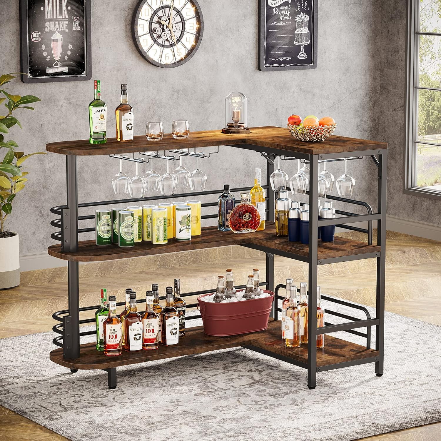 U-SHARE L-Shaped Home Bar Unit, 3 Tier Liquor Bar Table with Storage Shelves and Wine Glasses Holder