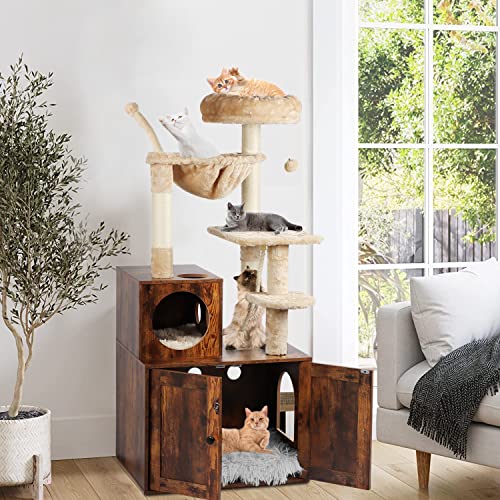 Cat Tree with Litter Box Enclosure, 2-in-1 Cat Tower for Indoor Cats, Large Wood Cat Condo with Basket, Scratching Posts, Pompoms, Rustic Brown
