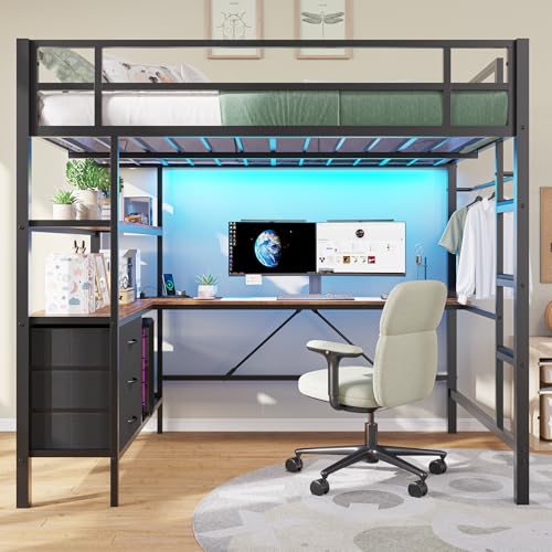 DICTAC Loft Bed Full Size with L-Shaped Desk and Charging Station Full Metal Bed Frame with LED Lights,Open Shelves and 3 Fabric Storage Drawers