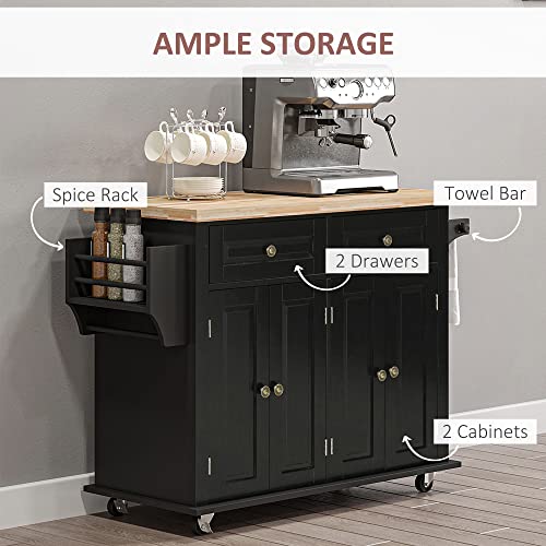HOMCOM Kitchen Island on Wheels, Rolling Cart with Rubberwood Top, Spice Rack, Towel Rack and Drawers for Dining Room, Navy Blue