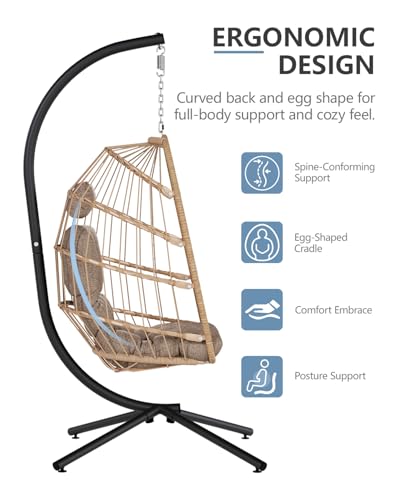 SWITTE Egg Chair Outdoor with Stand, Indoor Wicker Hanging Egg Swing Chair with Cushion, 350lbs Capacity for Patio, Bedroom, Garden - Gray