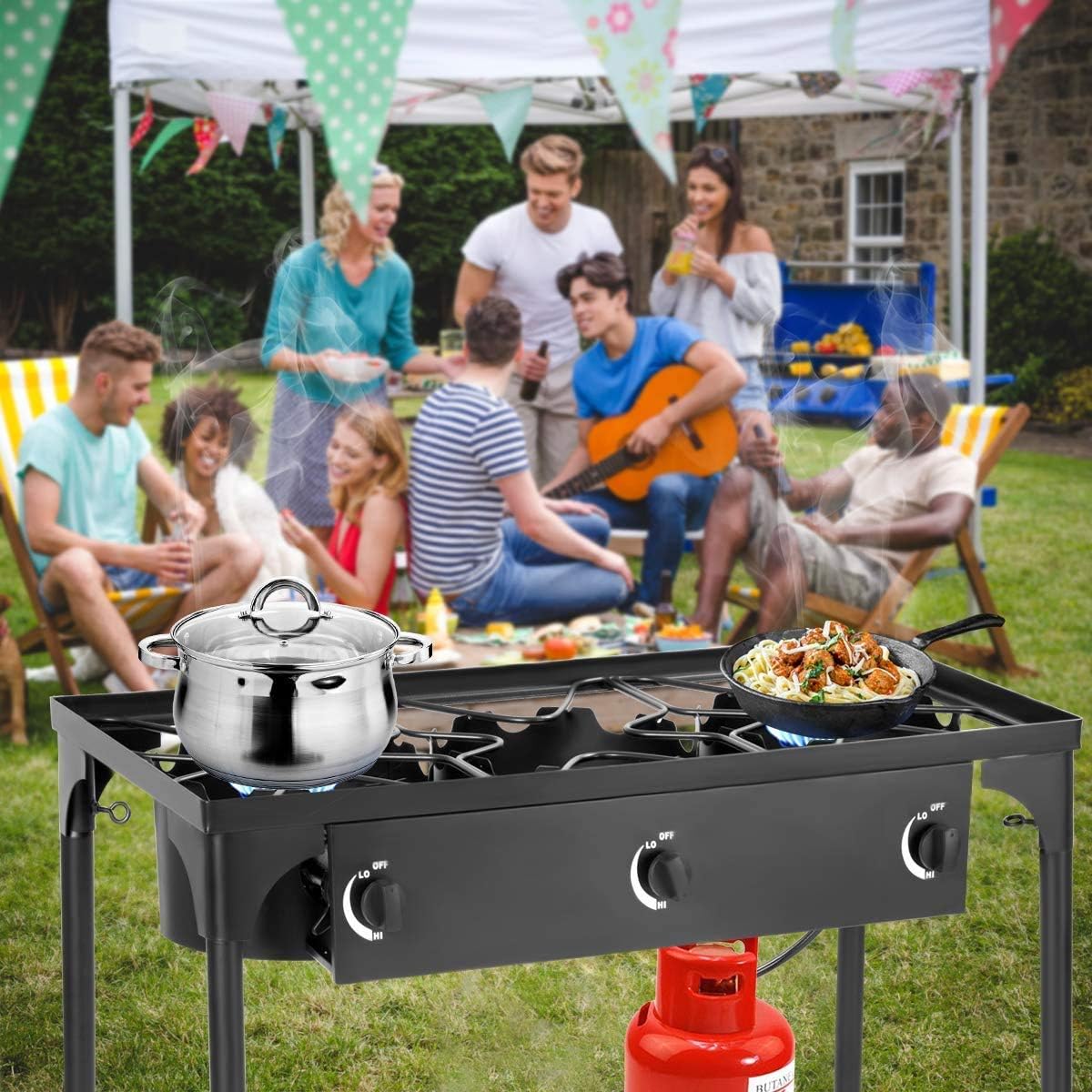FANTASK 3-Burner Outdoor Camping Stove, Portable High Pressure Propane Gas Cooker Burner w/Detachable Legs for Patio Camp Cooking